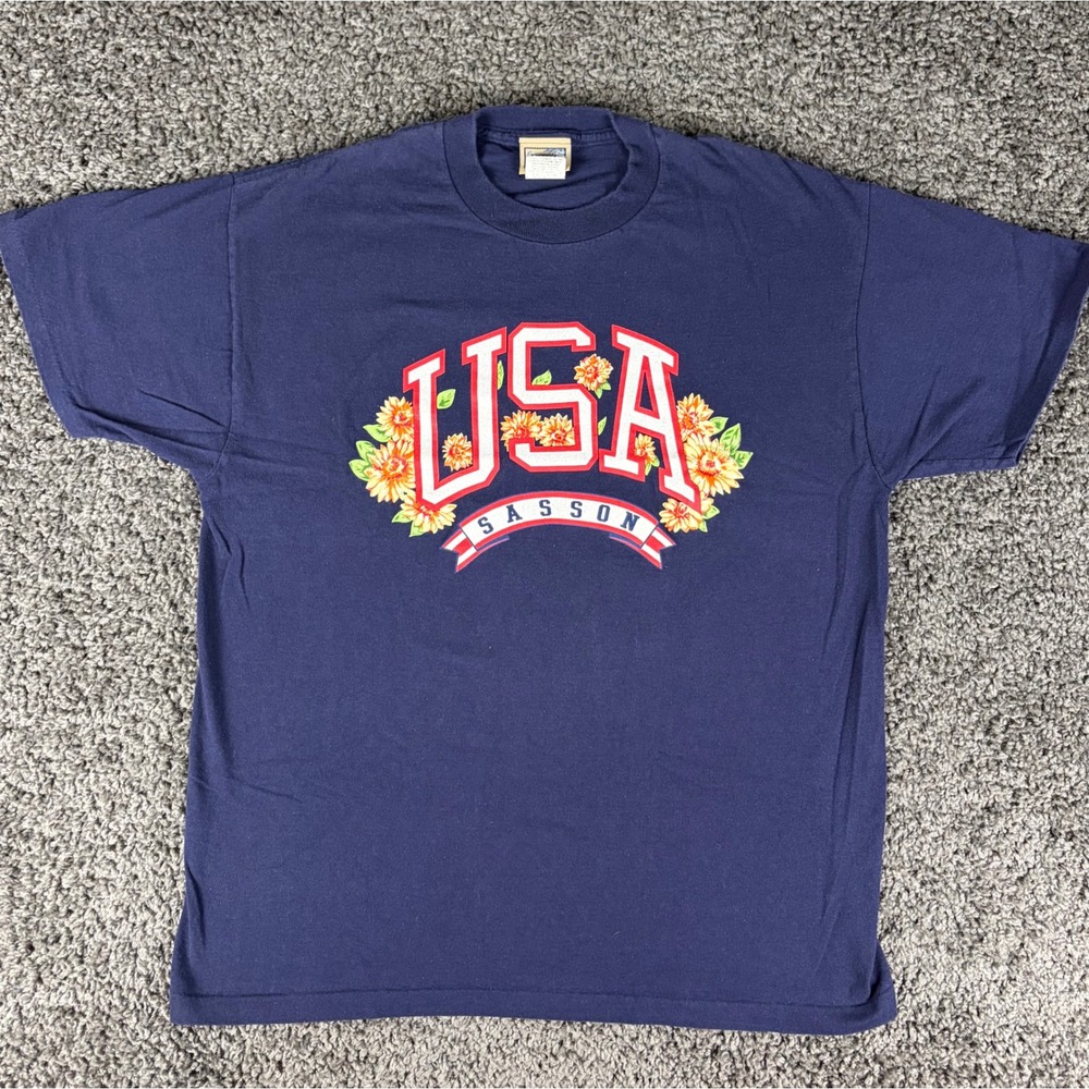 Vintage 90s Sasson USA Sunflower Graphic T-Shirt Navy Mens Large Made in USA